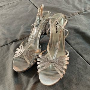 Women’s Silver + Sparkly Open Toed Heels